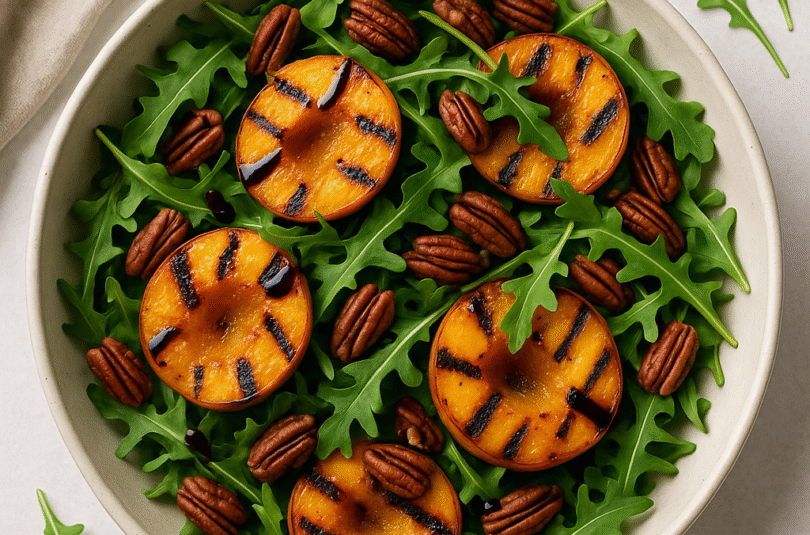 🥗 Charred Peach + Arugula Salad (with Balsamic + Pecans)