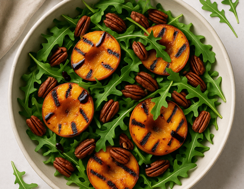 🥗 Charred Peach + Arugula Salad (with Balsamic + Pecans)