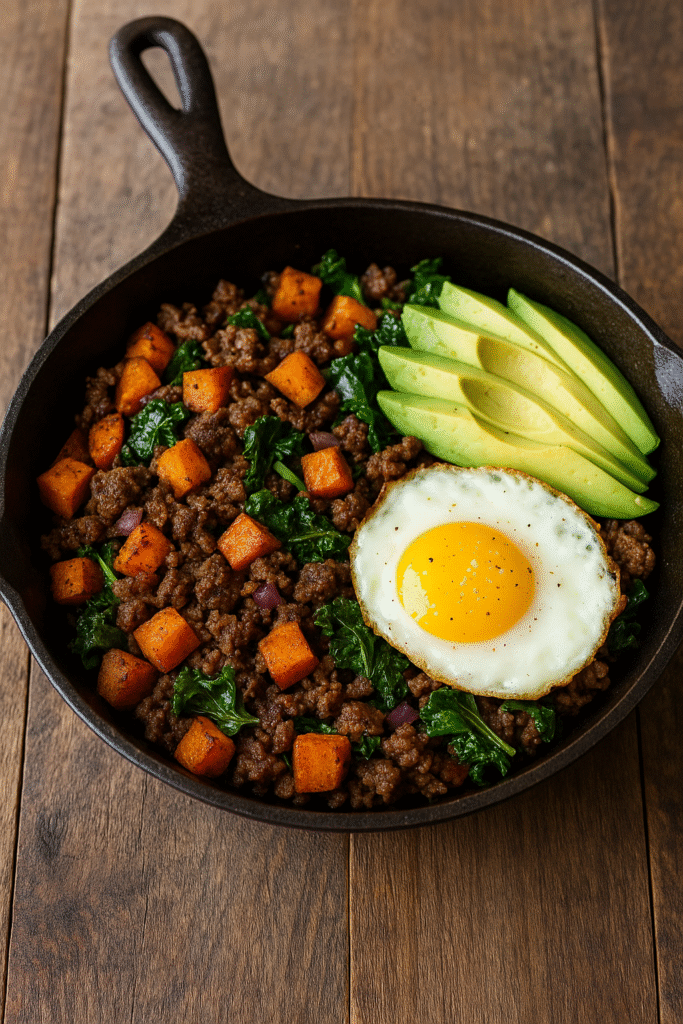 Sweet Potato Hash with Bison & Greens (One-Skillet Meal)